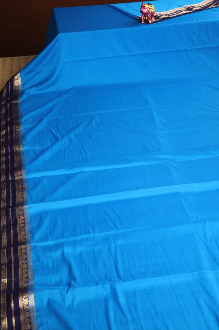 Cerulean Blue Fancy Saree with Gold Zari Plain view 2