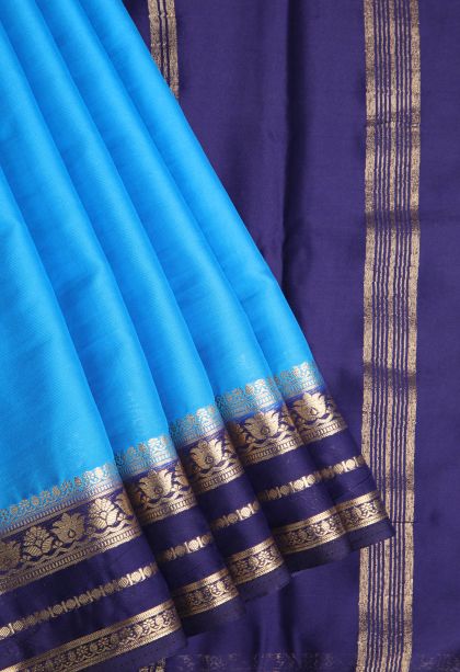 Cerulean Blue Fancy Saree with Gold Zari Plain