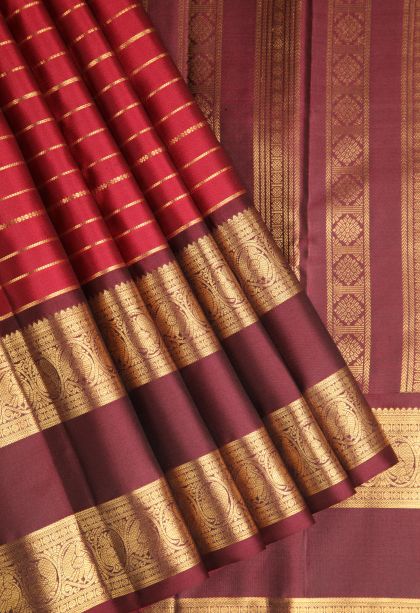 Crimson Red Kanchipuram Silk Sarees with Gold Zari Straipes And Puttas