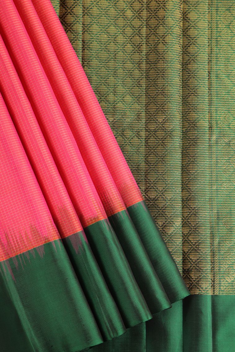 Punch Pink Soft Silk Saree with Gold Zari Vaira Oosi Jari Checked view 1