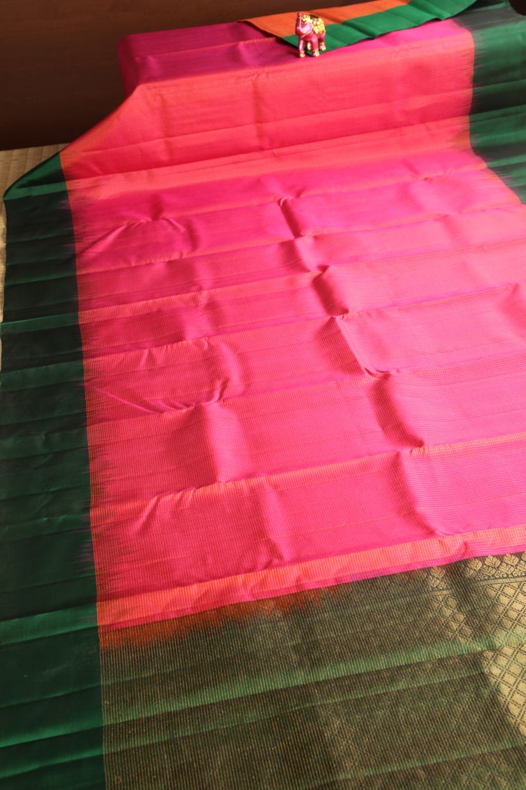 Punch Pink Soft Silk Saree with Gold Zari Vaira Oosi Jari Checked view 2