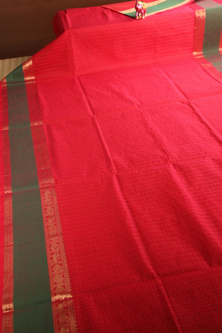 Rose  Red Pure Handloom Kovai Cotton with Without Zari Zari Checks And Puttas view 2