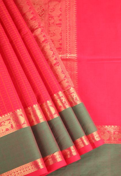 Rose Red Pure Handloom Kovai Cotton with Without Zari Zari Checks And Puttas