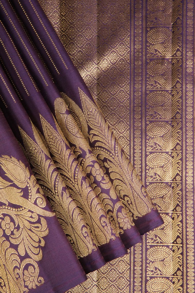 Bosenberry Purple Kanchipuram Silk Sarees with Gold Zari Straipes And Puttas view 1