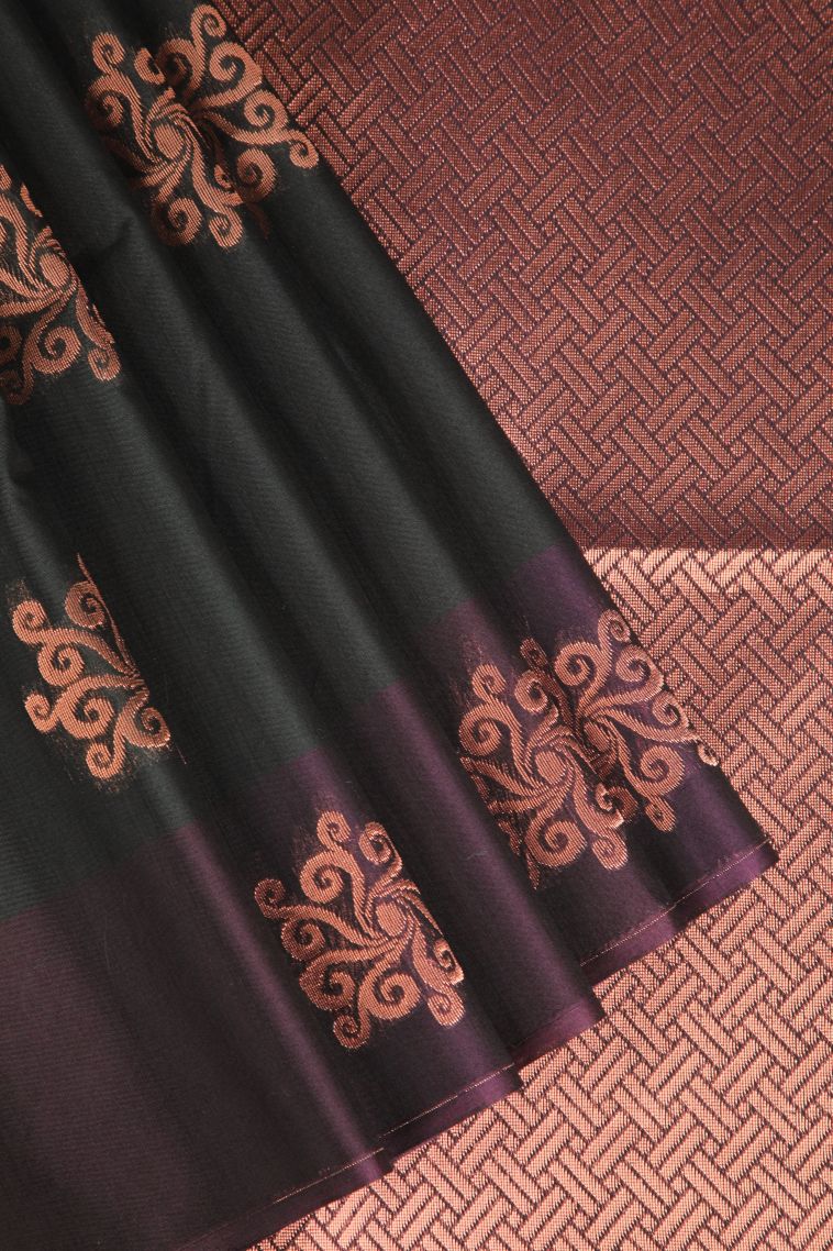 Bottle Green Silk Cotton Sarees with Copper Zari Kolam Pattern view 1