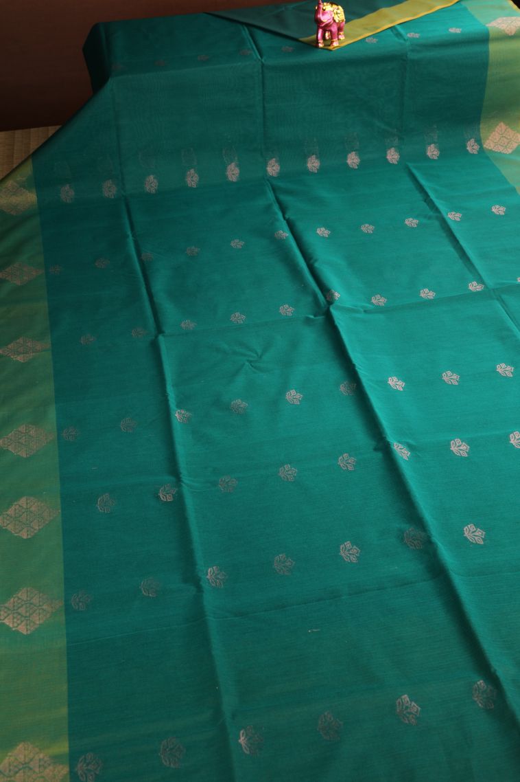 Ocean Blue Silk Cotton Sarees with Silver Zari Floral Patterns view 2