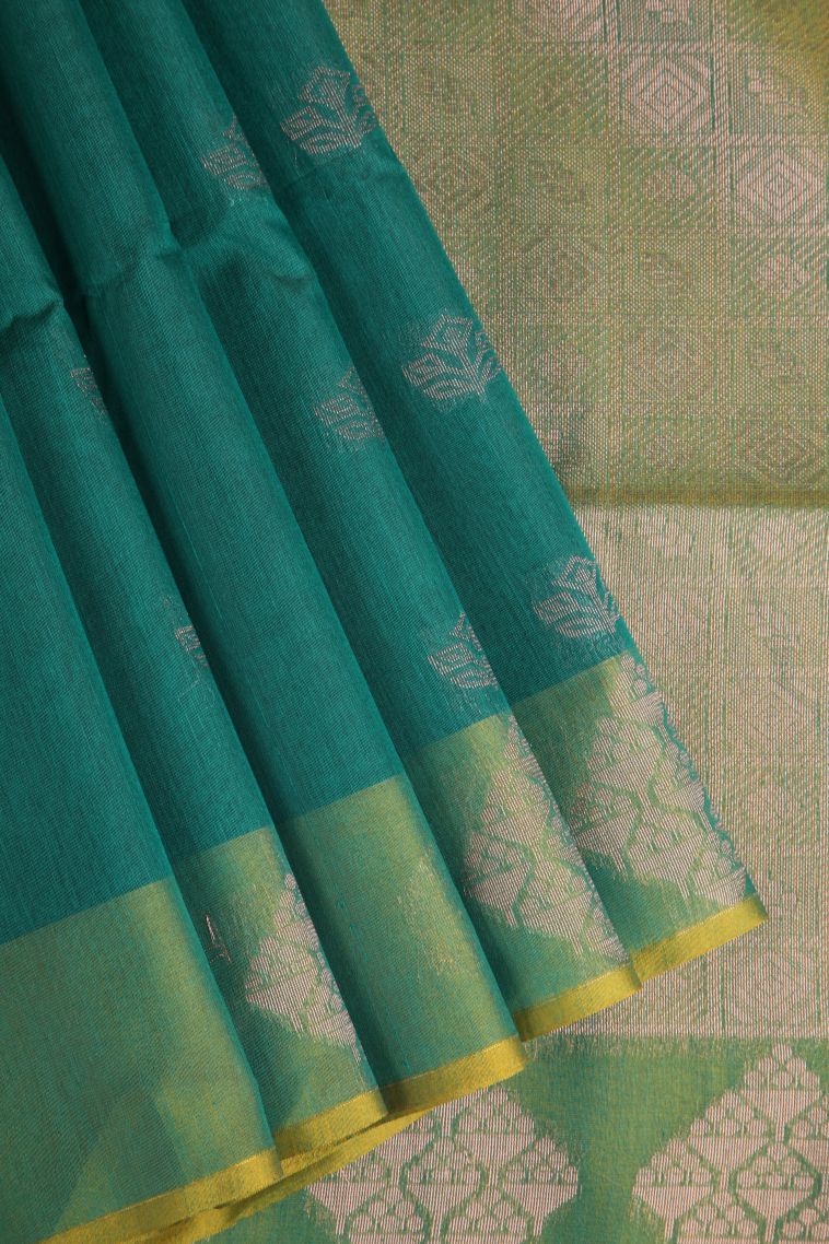 Ocean Blue Silk Cotton Sarees with Silver Zari Floral Patterns view 1