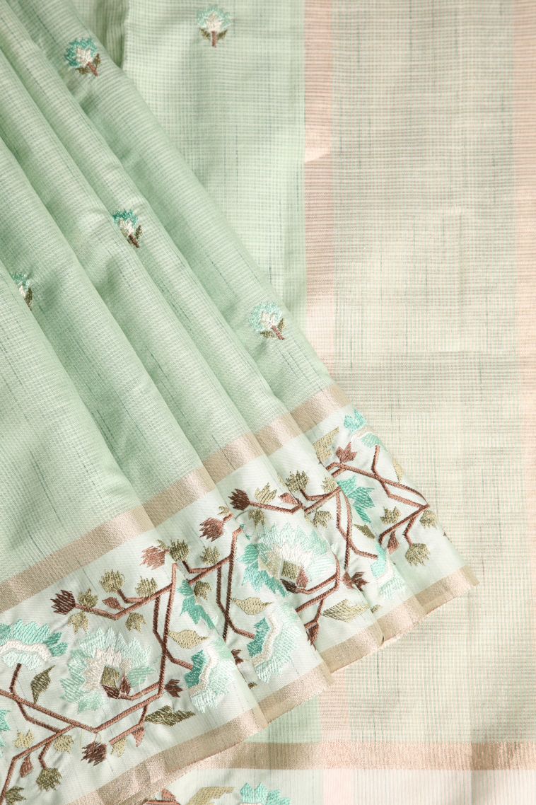 Pistachio Green Jute Sarees with Gold Zari Floral Puttas Embroidary view 1
