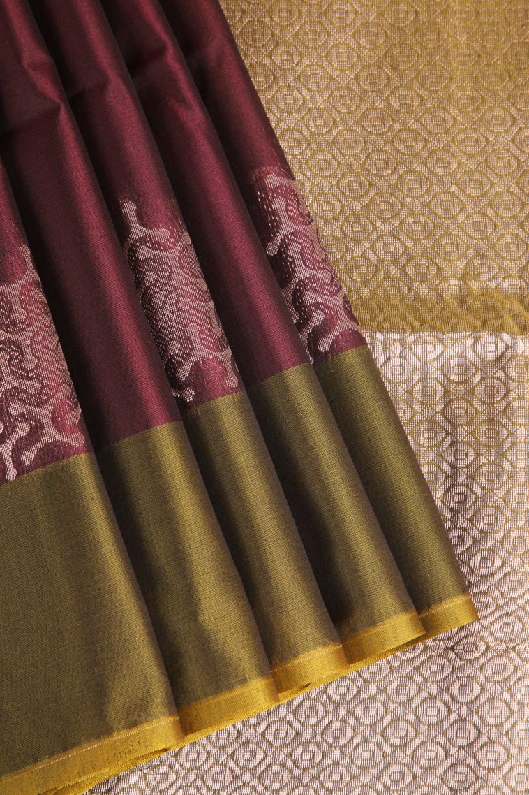 Berry Red Silk Cotton Sarees with Silver Zari Geometric Shapes view 1