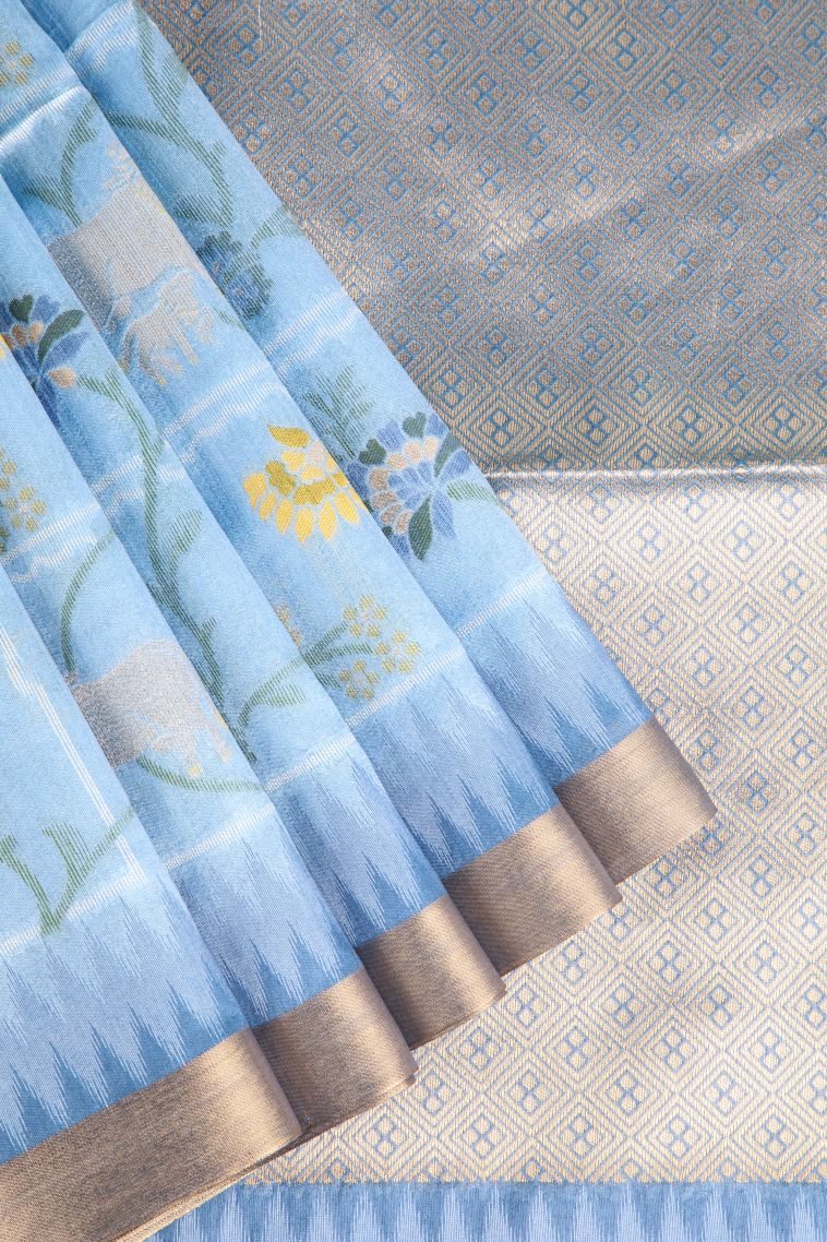 Cerulean Blue Jute Sarees with Gold Zari Floral Patterns view 1