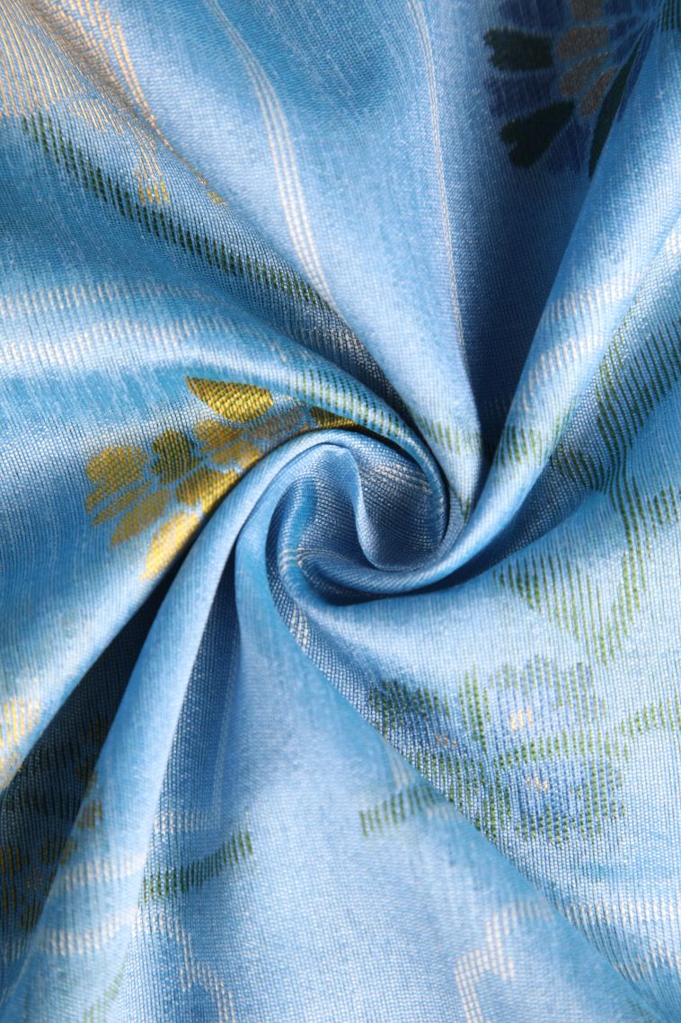Cerulean Blue Jute Sarees with Gold Zari Floral Patterns view 4
