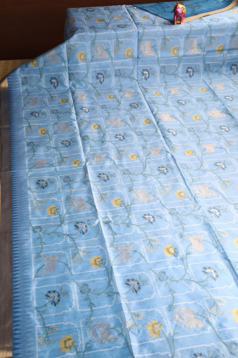 Cerulean Blue Jute Sarees with Gold Zari Floral Patterns view 2