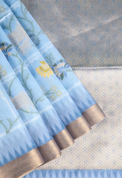 Cerulean Blue Jute Sarees with Gold Zari Floral Patterns