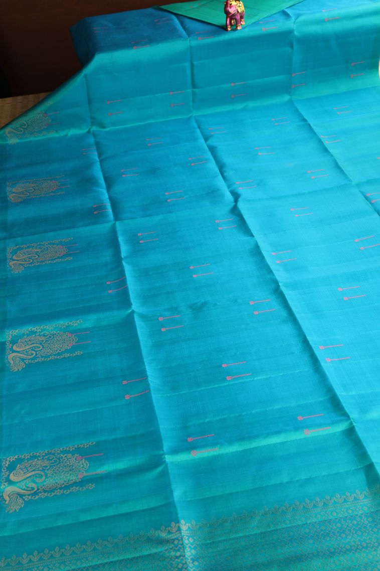 Sapphire Blue Soft Silk Saree with Gold Zari Buttis (small Dots Or Motifs) view 2