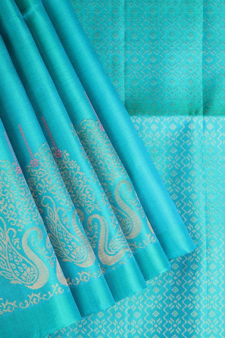 Sapphire Blue Soft Silk Saree with Gold Zari Buttis (small Dots Or Motifs) view 1