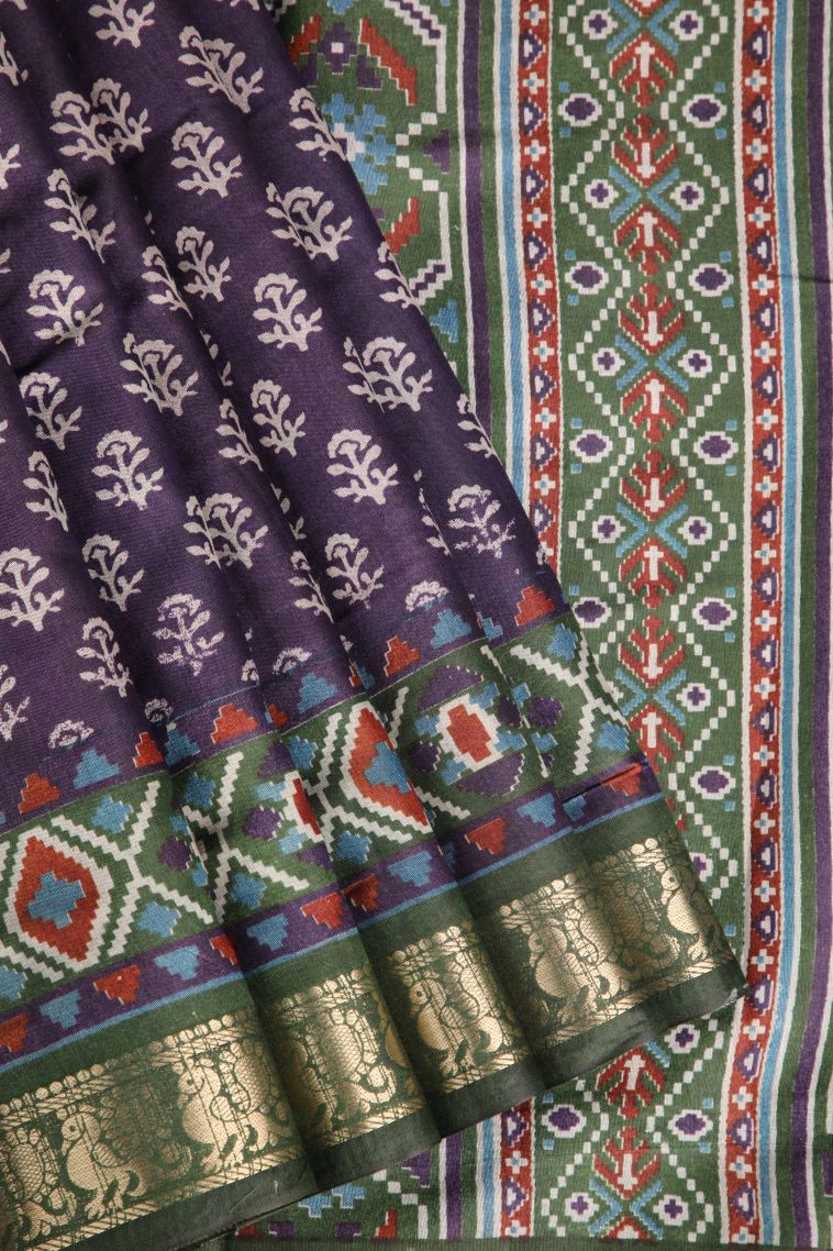Indigo Blue Maheswari Cotton Saree with Gold Zari Floral Patterns view 1