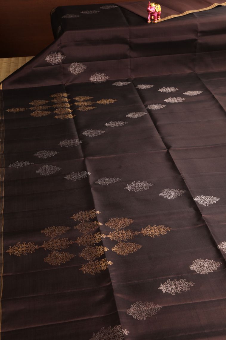Penny Brown Soft Silk Saree with Gold And Silver Zari Leaf Pattern view 2