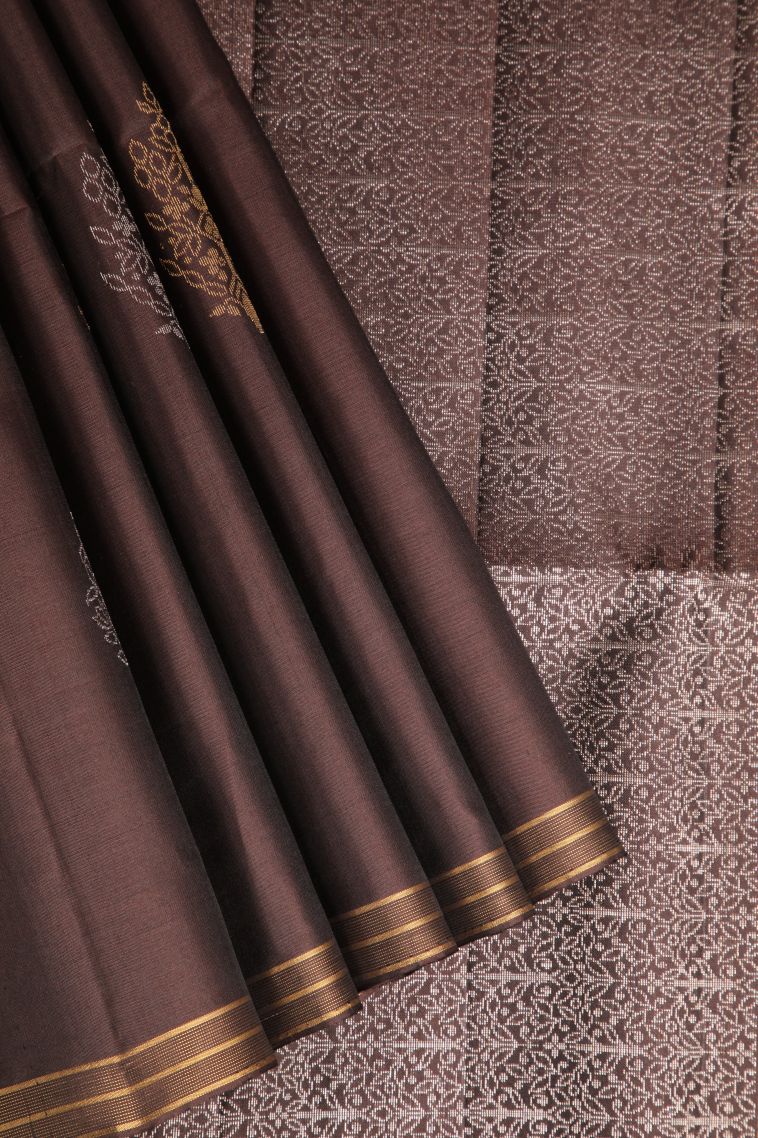 Penny Brown Soft Silk Saree with Gold And Silver Zari Leaf Pattern view 1