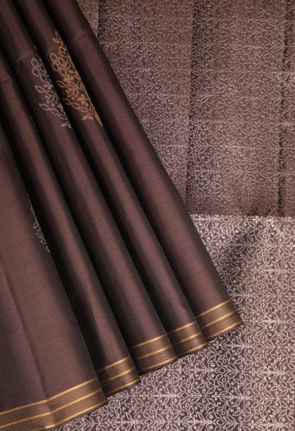 Penny Brown Soft Silk Saree with Gold And Silver Zari Leaf Pattern