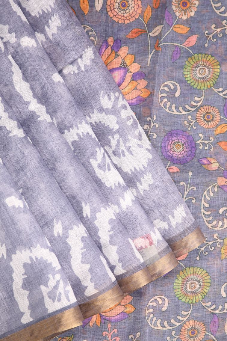 Smoke White Linen Saree with Without Zari Zari Pathik Motifs view 1