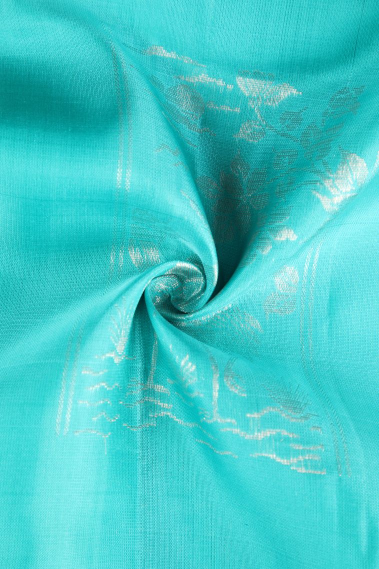 Arctic Blue Soft Silk Saree with Gold And Silver Zari Birds And Floral Pattern view 4