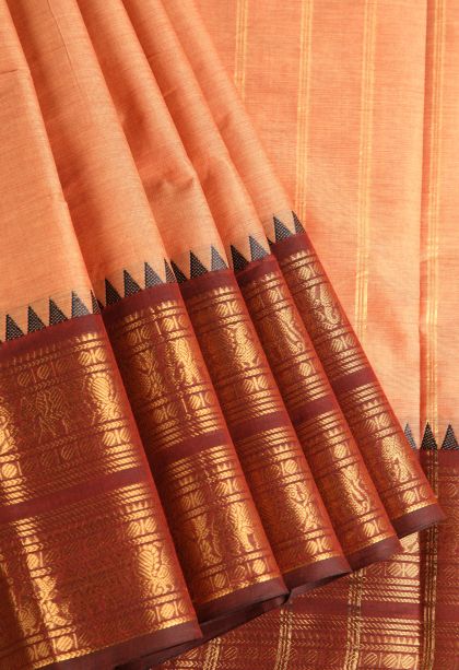 Cantaloupe Orange Chettinad Cotton Sarees with Gold Zari Plain With Border