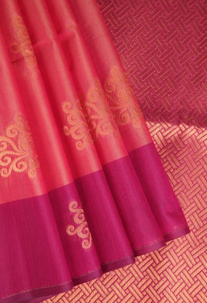 Strawberry Pink Silk Cotton Sarees with Copper Zari Kolam Pattern