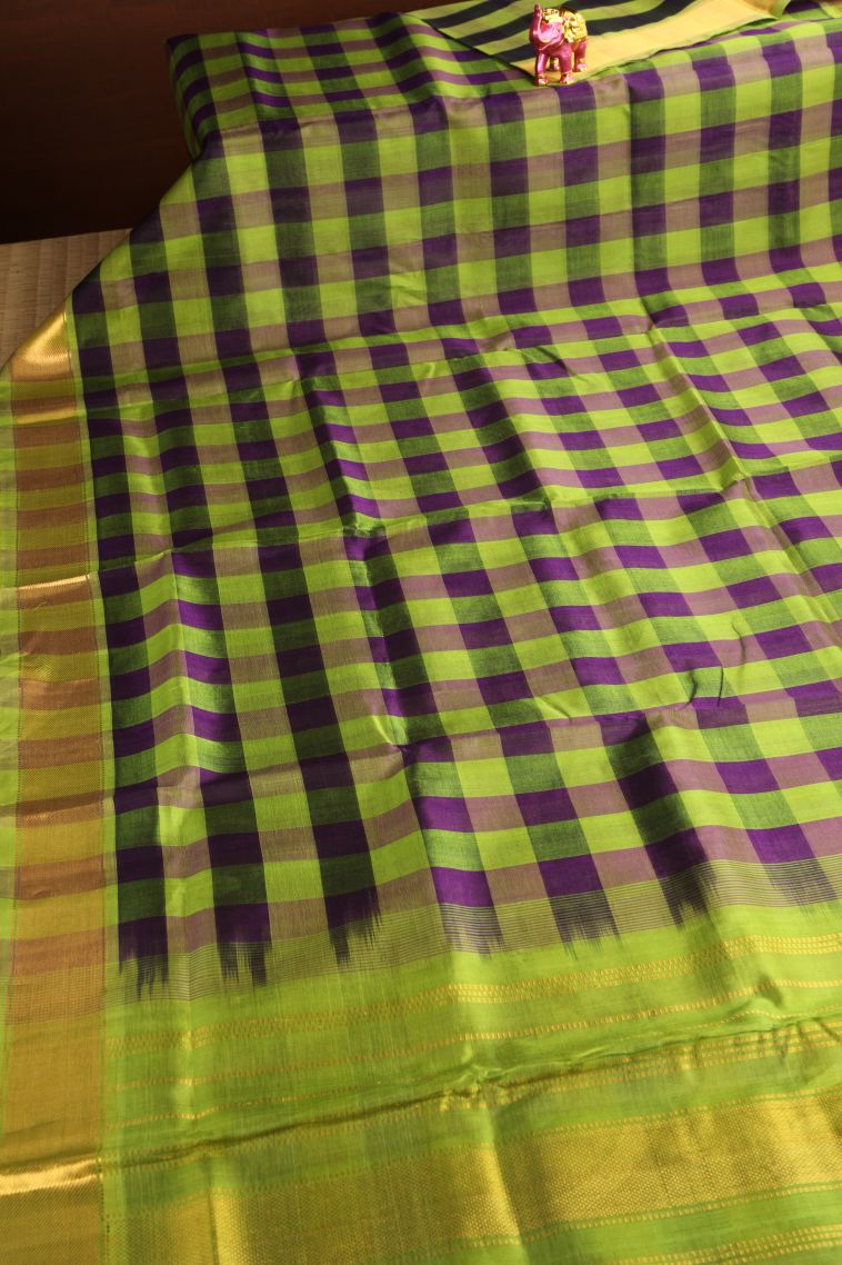 Lime Green Silk Cotton with Gold Zari Checks view 2