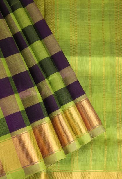 Lime Green Silk Cotton with Gold Zari Checks