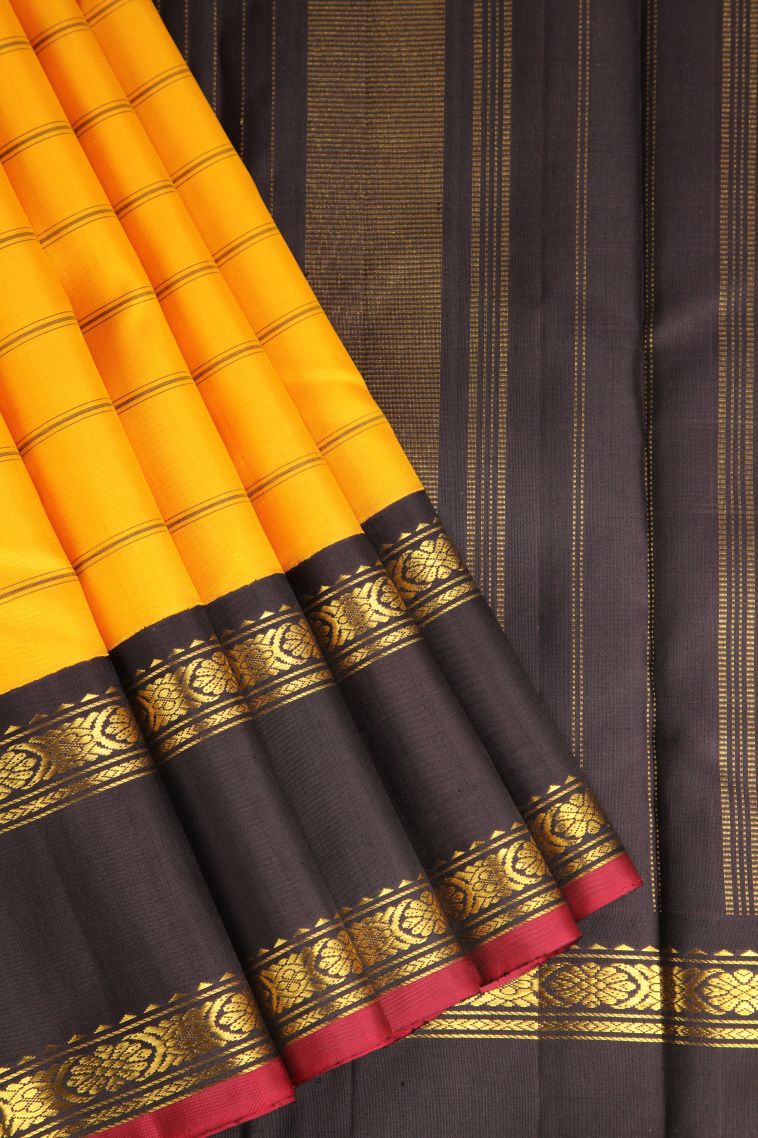 Briht Yellow Kanchipuram Silk Sarees with Gold Zari Stripes view 1
