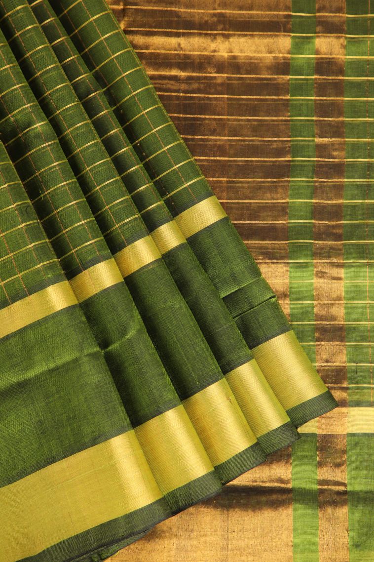 Paris Green Silk Cotton with Gold Zari Checks