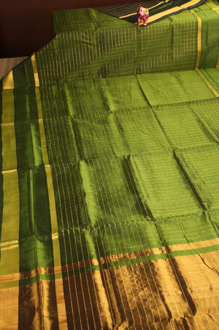 Paris Green Silk Cotton with Gold Zari Checks view 2