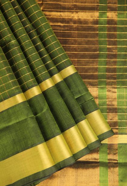 Paris Green Silk Cotton with Gold Zari Checks