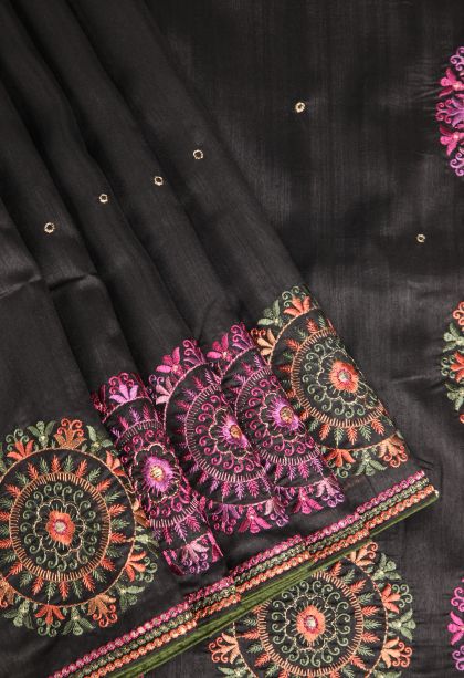 Charleston Black Semi Tussar Silk with Without Zari Zari Embroidary