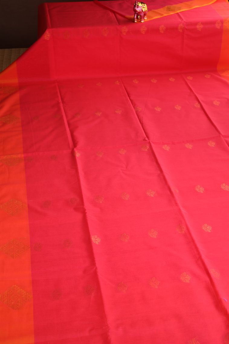 Strawberry Pink Silk Cotton Sarees with Copper Zari Floral Patterns view 2