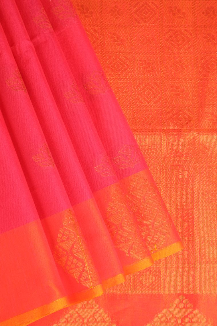 Strawberry Pink Silk Cotton Sarees with Copper Zari Floral Patterns view 1