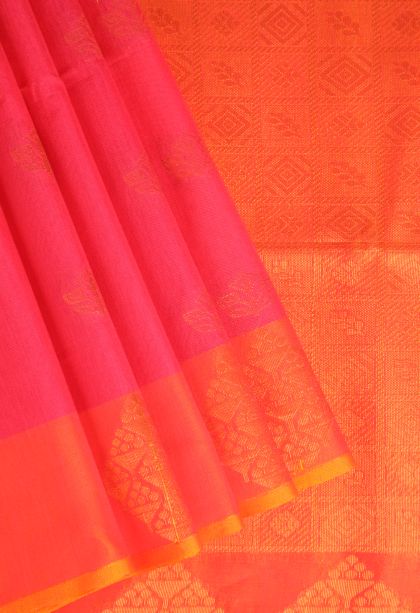 Strawberry Pink Silk Cotton Sarees with Copper Zari Floral Patterns