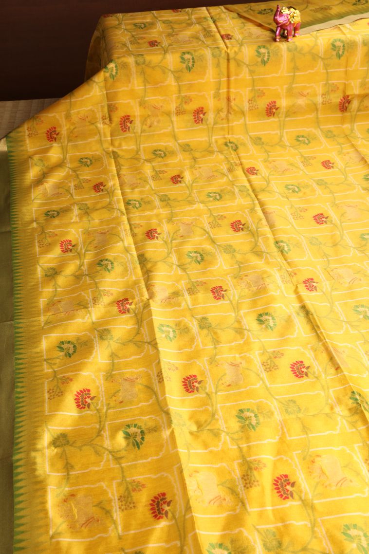 Lemon Yellow Jute Sarees with Gold Zari Floral Patterns view 2