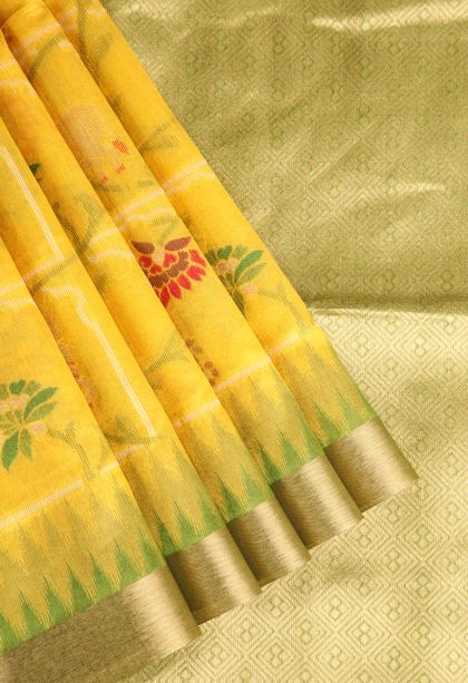 Lemon Yellow Jute Sarees with Gold Zari Floral Patterns