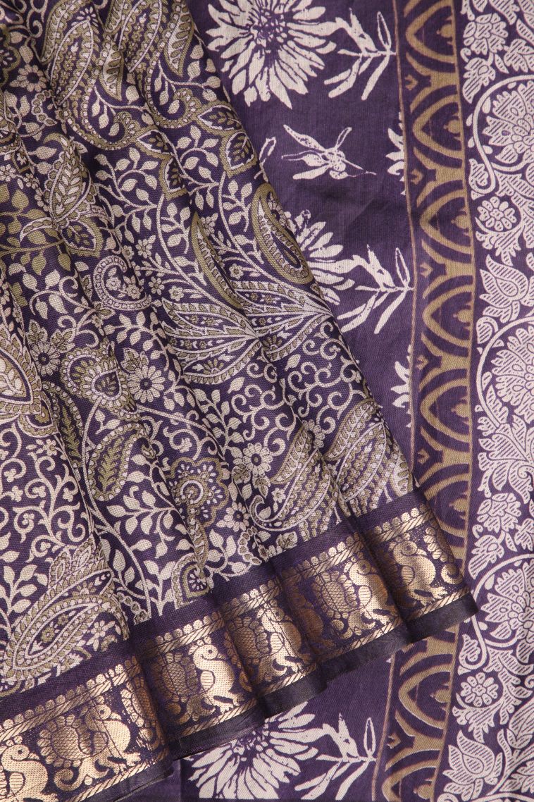 Mauve Purple Maheswari Cotton Saree with Gold Zari Floral Patterns view 1
