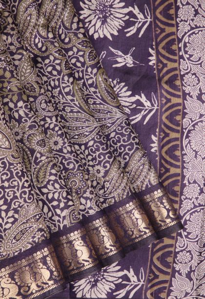 Mauve Purple Maheswari Cotton Saree with Gold Zari Floral Patterns