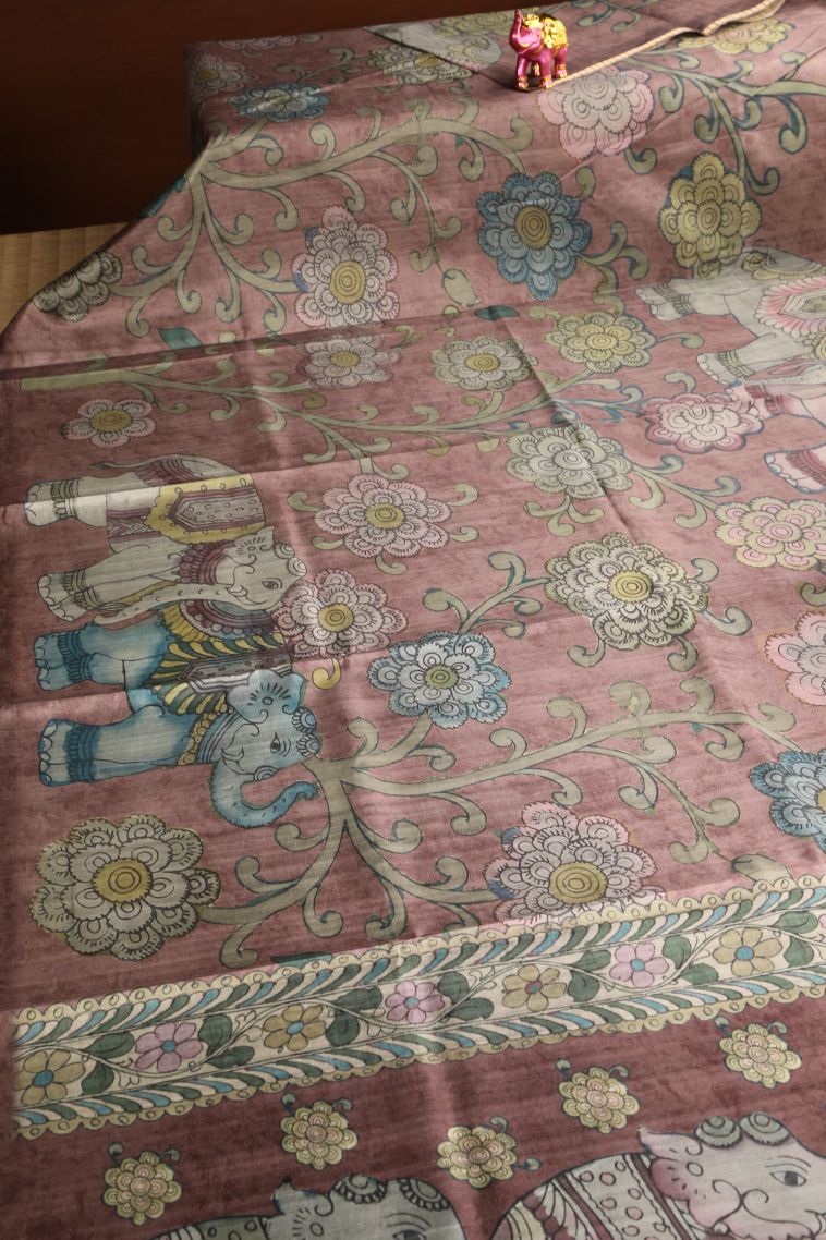 Rosewood Pink Semi Tussar Silk with Gold Zari Floral Patterns view 2