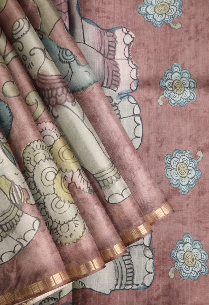 Rosewood Pink Semi Tussar Silk with Gold Zari Floral Patterns