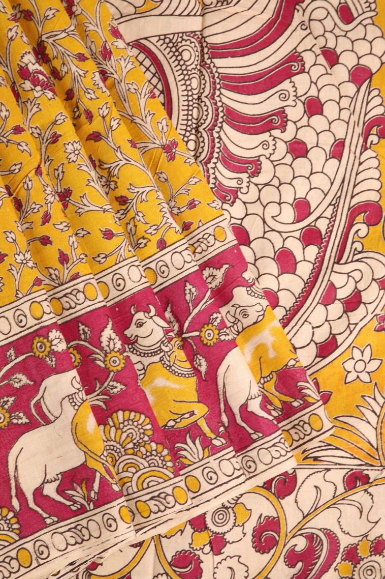Briht Yellow Kalamkari with Without Zari Zari Floral Patterns view 1