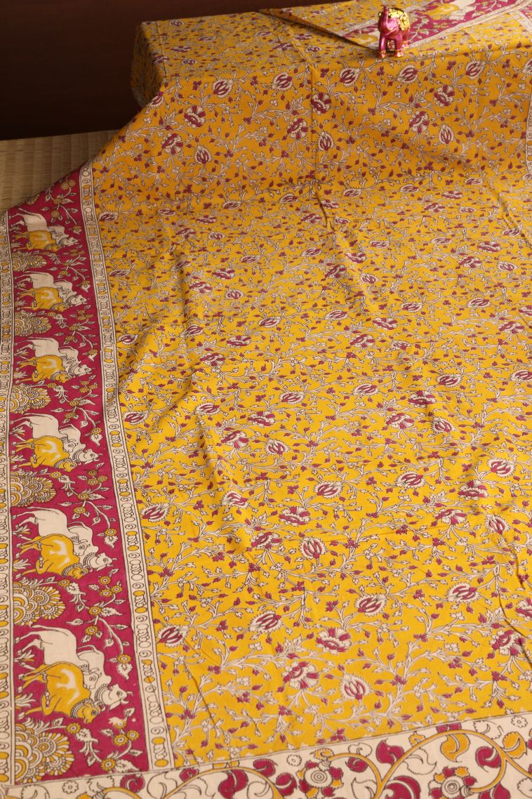 Briht Yellow Kalamkari with Without Zari Zari Floral Patterns view 2
