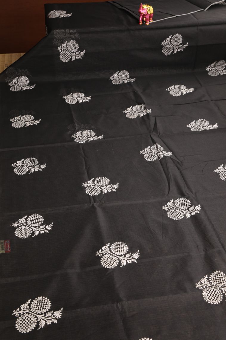 Charleston Black Manipuri Cotton Sarees with Without Zari Zari Floral Patterns view 2