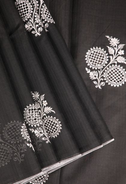 Charleston Black Manipuri Cotton Sarees with Without Zari Zari Floral Patterns