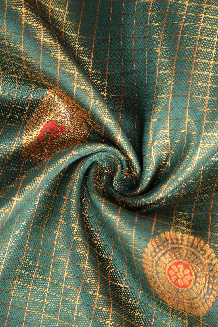 Basil Green Apoorva Silk Sarees with Gold Zari Peacock And Rudhractam view 4