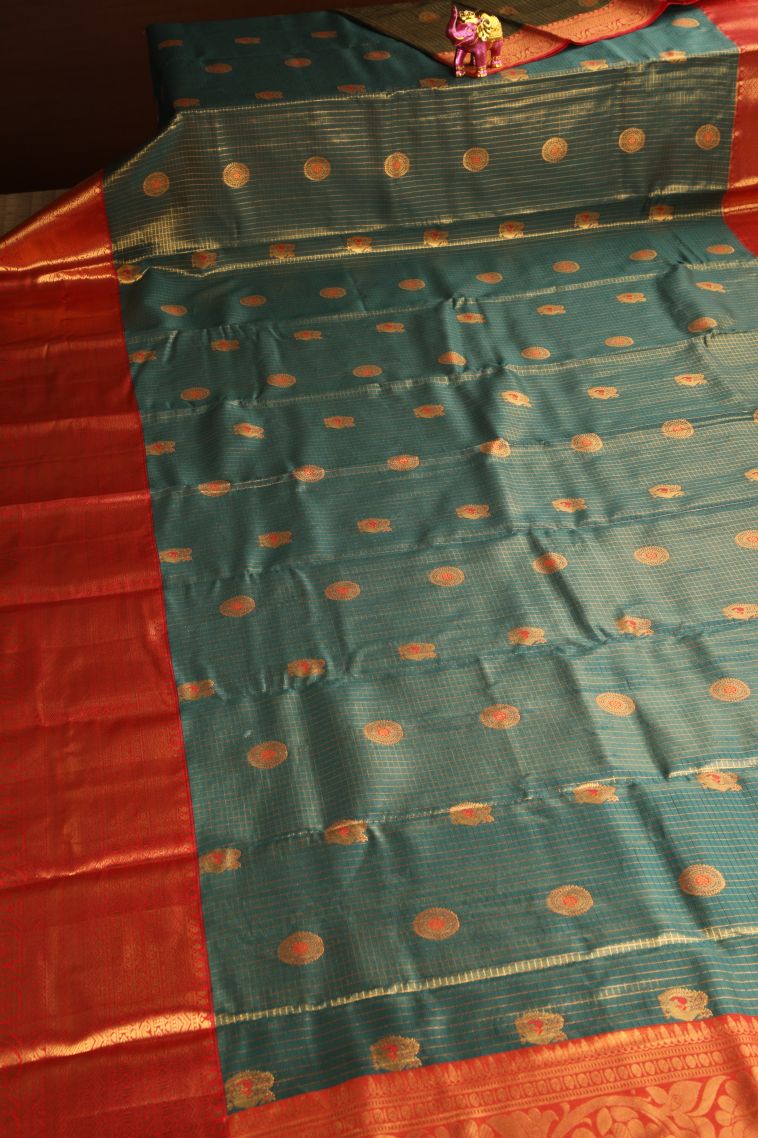 Basil Green Apoorva Silk Sarees with Gold Zari Peacock And Rudhractam view 2