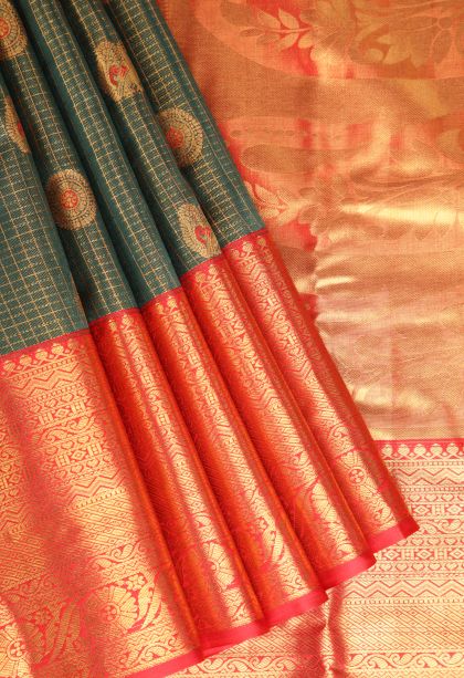 Basil Green Apoorva Silk Sarees with Gold Zari Peacock And Rudhractam